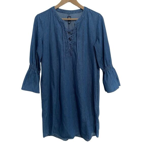 GAP Denim Dress Size M Medium Indigo Blue Lace Front 3/4 Bell Sleeve Pockets - Picture 1 of 10